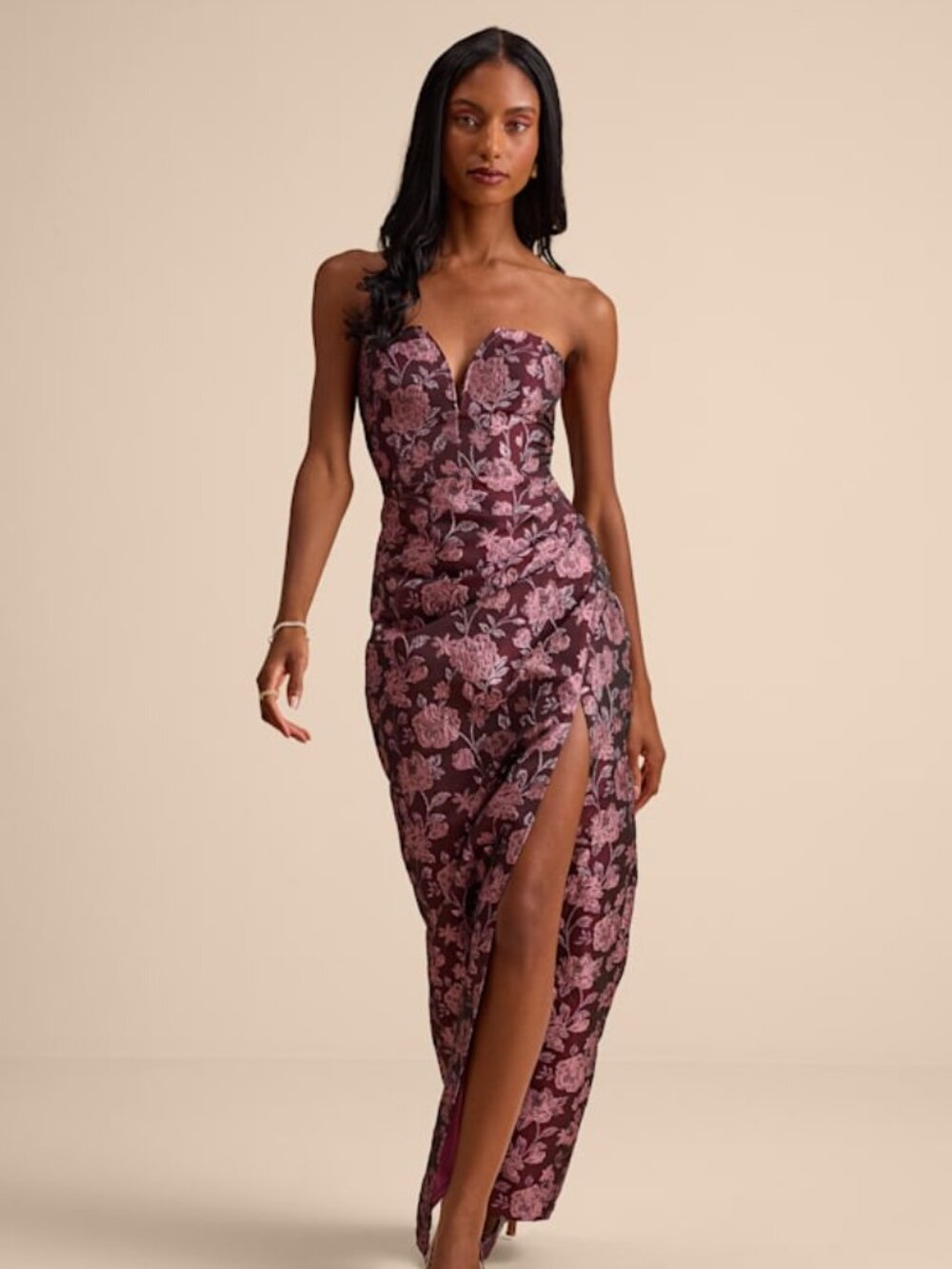 Lulus Damore Plum Floral Jacquard Strapless Tulip Maxi Dress Purple - Size XS